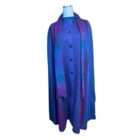 Vintage Avoca Collection Blue Purple Striped 100% Irish Wool Cape Coat Medium - Picture 11 of 11